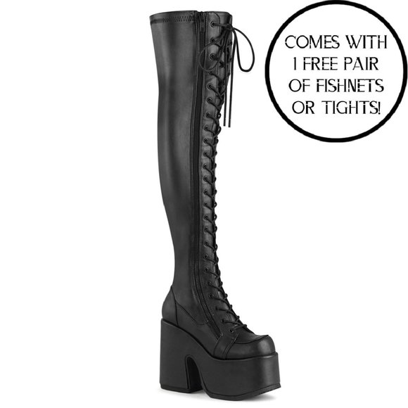 Demonia Camel 300 Thigh High Black Platform Boots